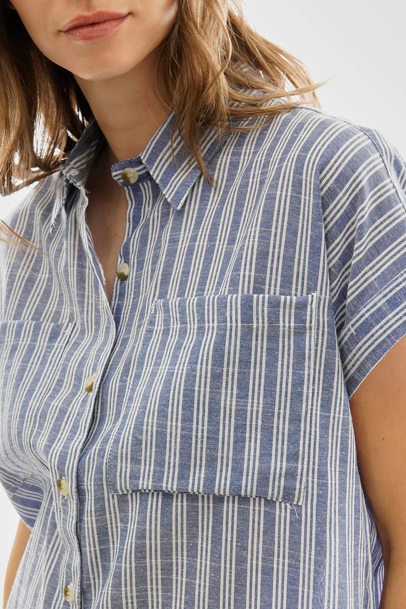 Beechers Brook Striped Button Up Short Sleeve Shirt - Blue - Image 4