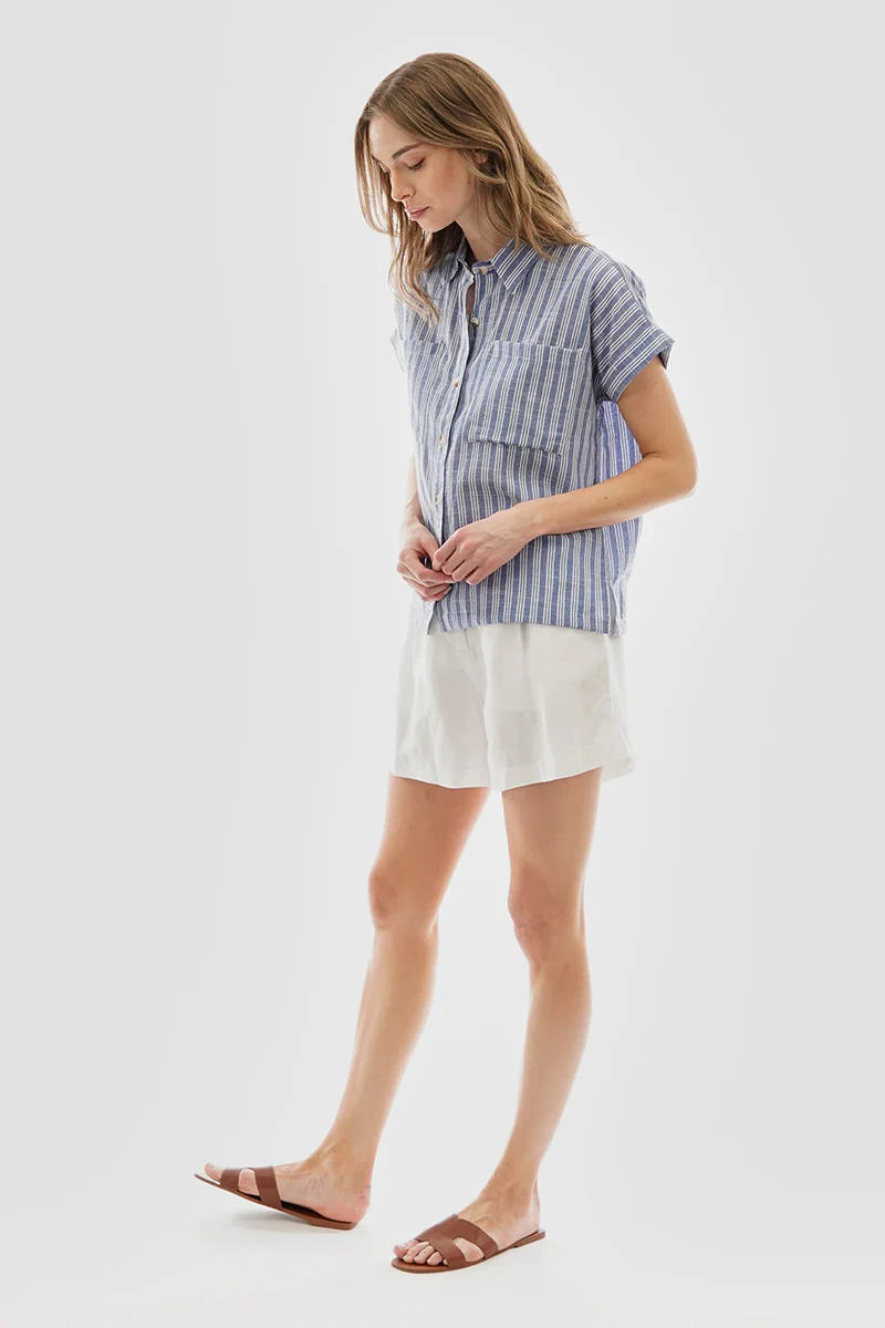 Beechers Brook Striped Button Up Short Sleeve Shirt - Blue - Image 5