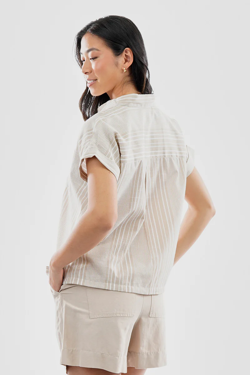 Beechers Brook Striped Button Up Short Sleeve Shirt - Beige - Image 3