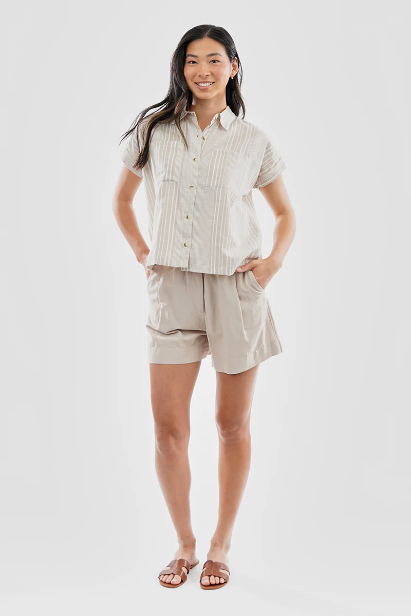 Beechers Brook Striped Button Up Short Sleeve Shirt - Beige - Image 5