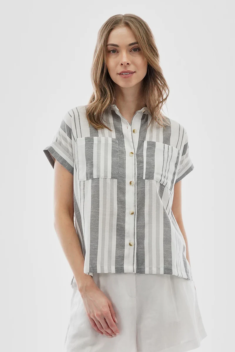 Beechers Brook Striped Button Up Short Sleeve Shirt - Grey