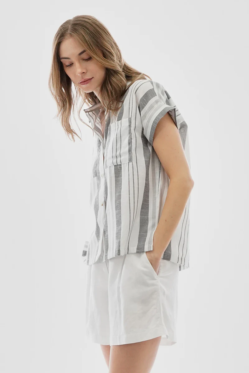 Beechers Brook Striped Button Up Short Sleeve Shirt - Grey - Image 2