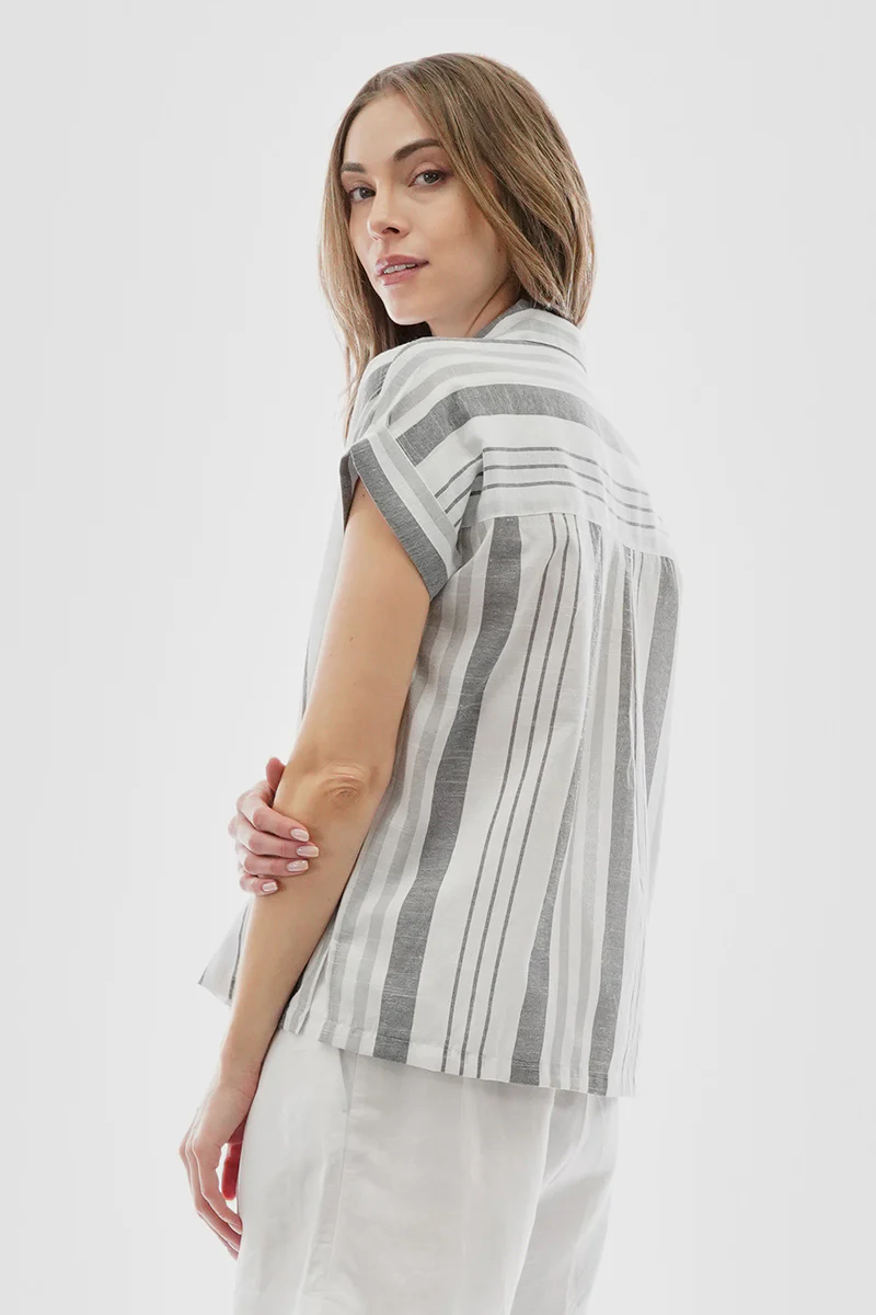 Beechers Brook Striped Button Up Short Sleeve Shirt - Grey - Image 3