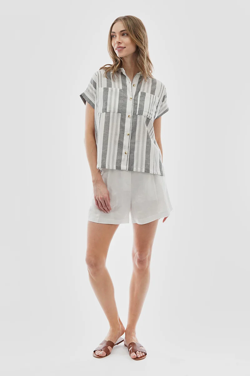 Beechers Brook Striped Button Up Short Sleeve Shirt - Grey - Image 5