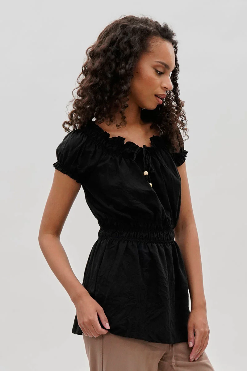 Runaway Bay Cinched Short Sleeve Blouse - Black - Image 2