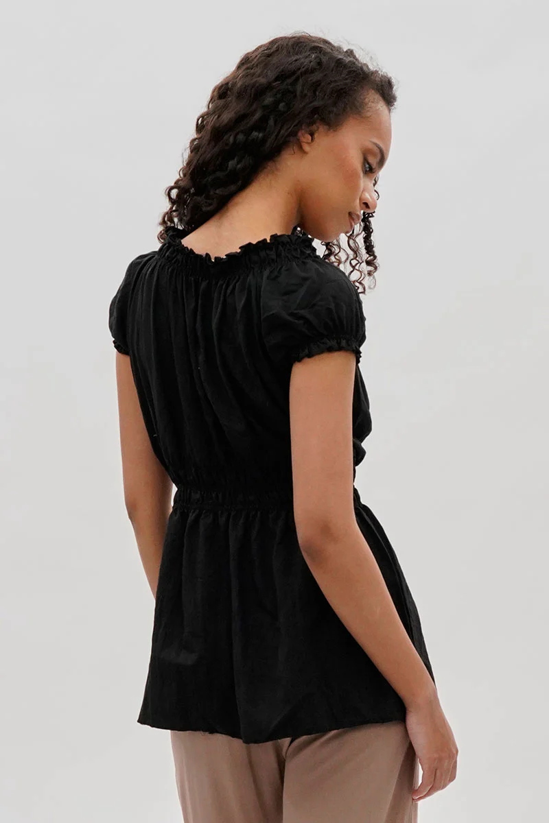 Runaway Bay Cinched Short Sleeve Blouse - Black - Image 3