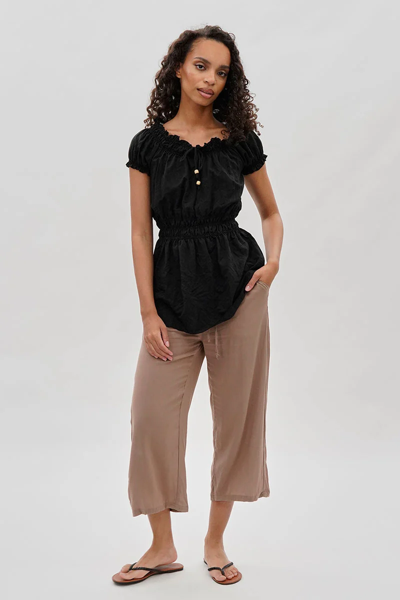 Runaway Bay Cinched Short Sleeve Blouse - Black - Image 5