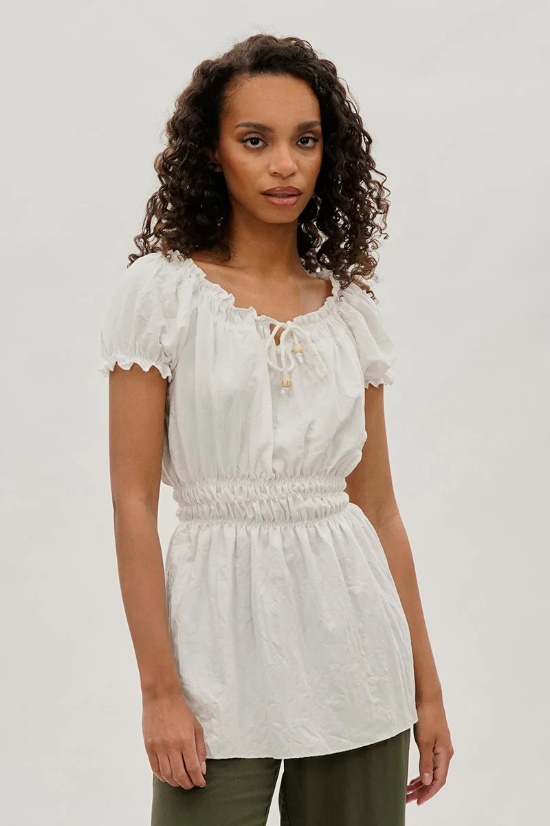 Runaway Bay Cinched Short Sleeve Blouse - White
