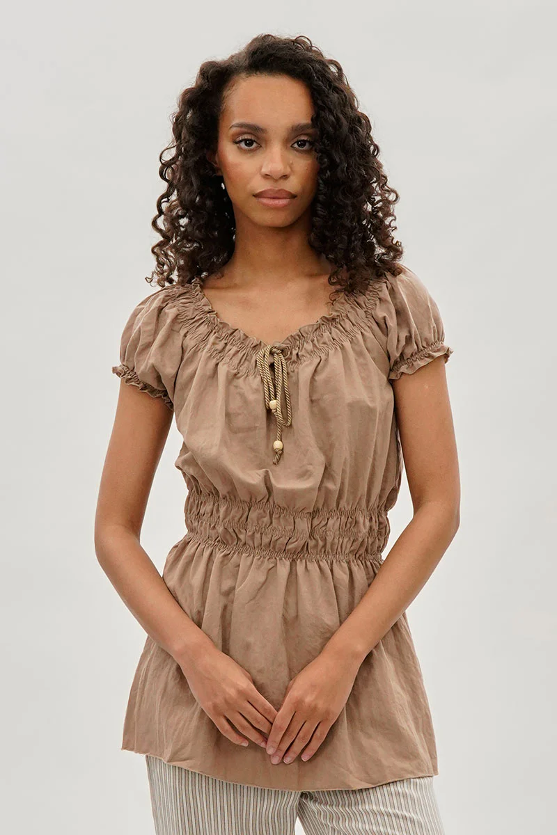 Runaway Bay Cinched Short Sleeve Blouse - Taupe