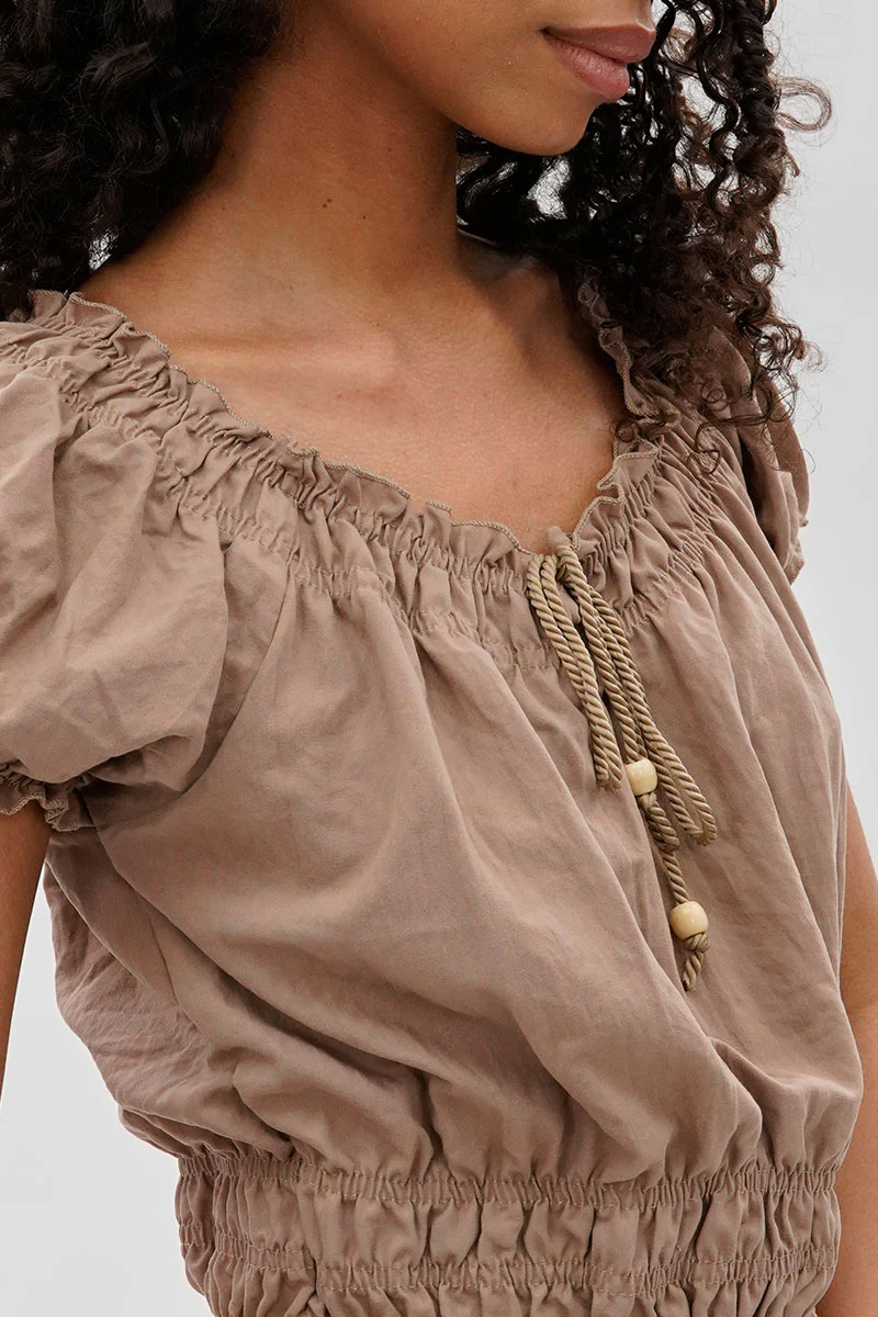 Runaway Bay Cinched Short Sleeve Blouse - Taupe - Image 4