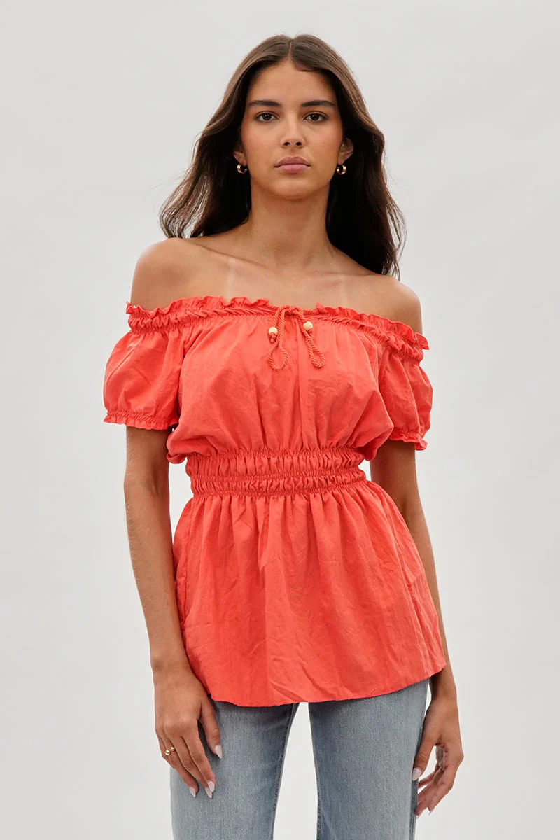 Runaway Bay Cinched Short Sleeve Blouse - Coral