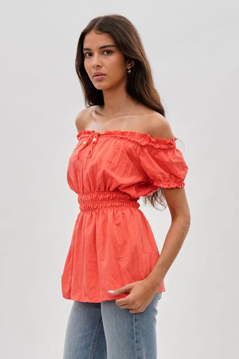 Runaway Bay Cinched Short Sleeve Blouse - Coral - Image 2