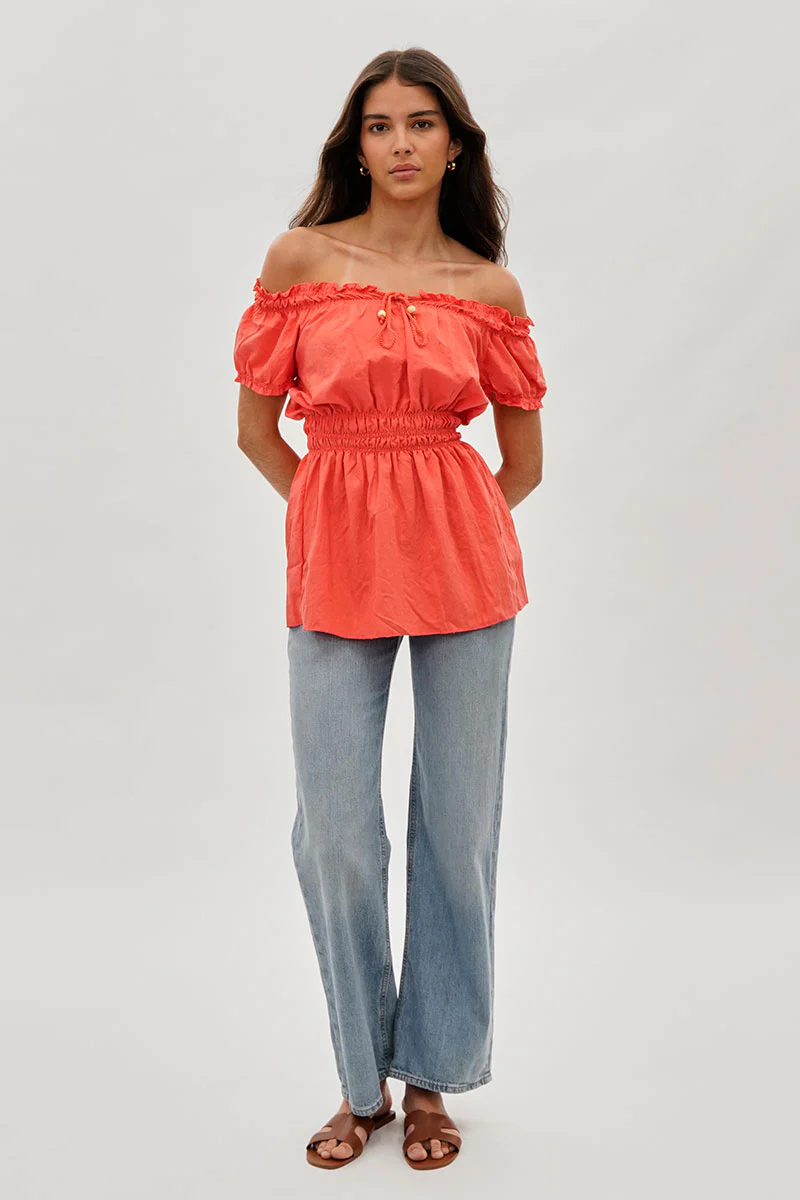 Runaway Bay Cinched Short Sleeve Blouse - Coral - Image 5