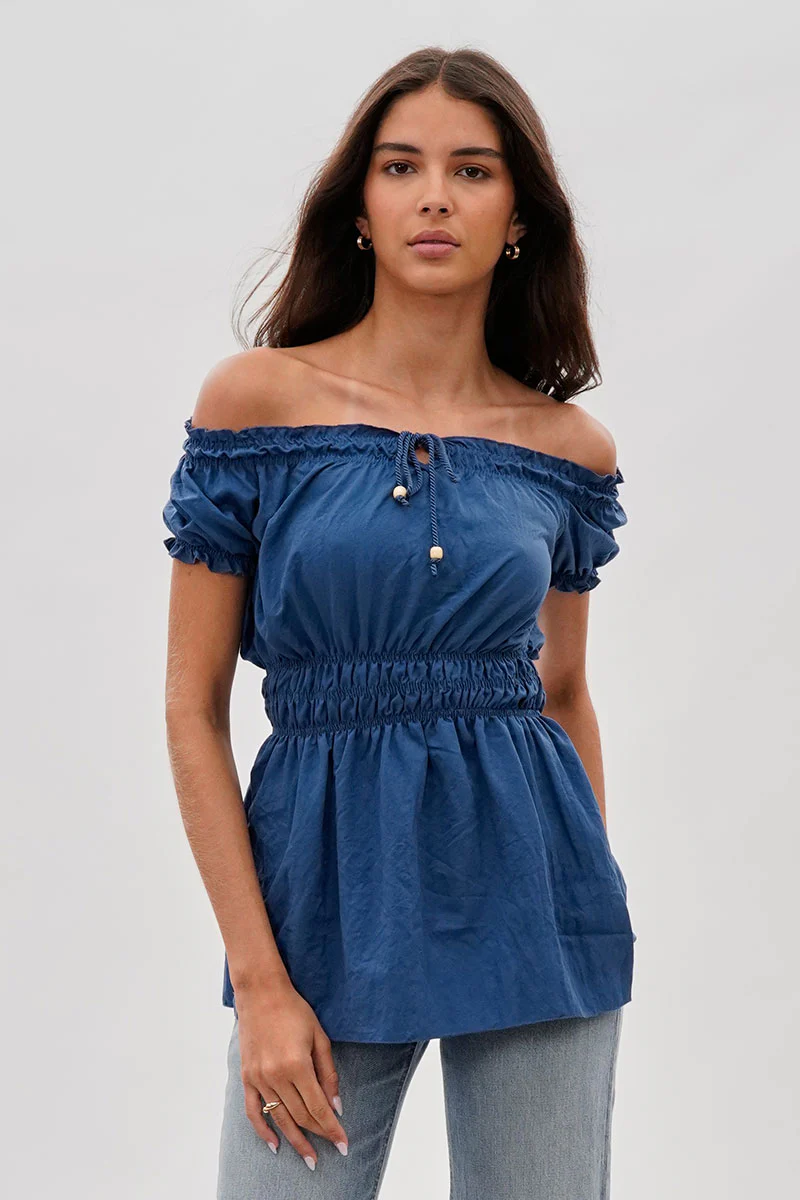 Runaway Bay Cinched Short Sleeve Blouse - Blue