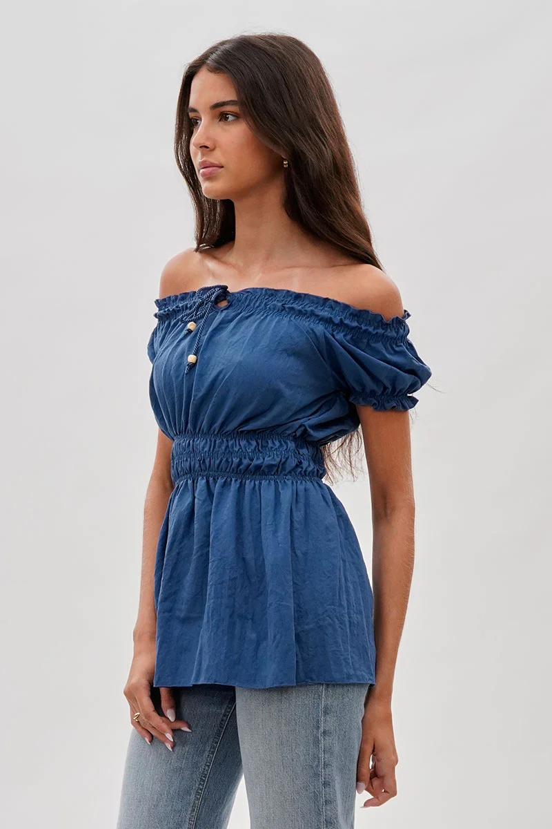 Runaway Bay Cinched Short Sleeve Blouse - Blue - Image 2