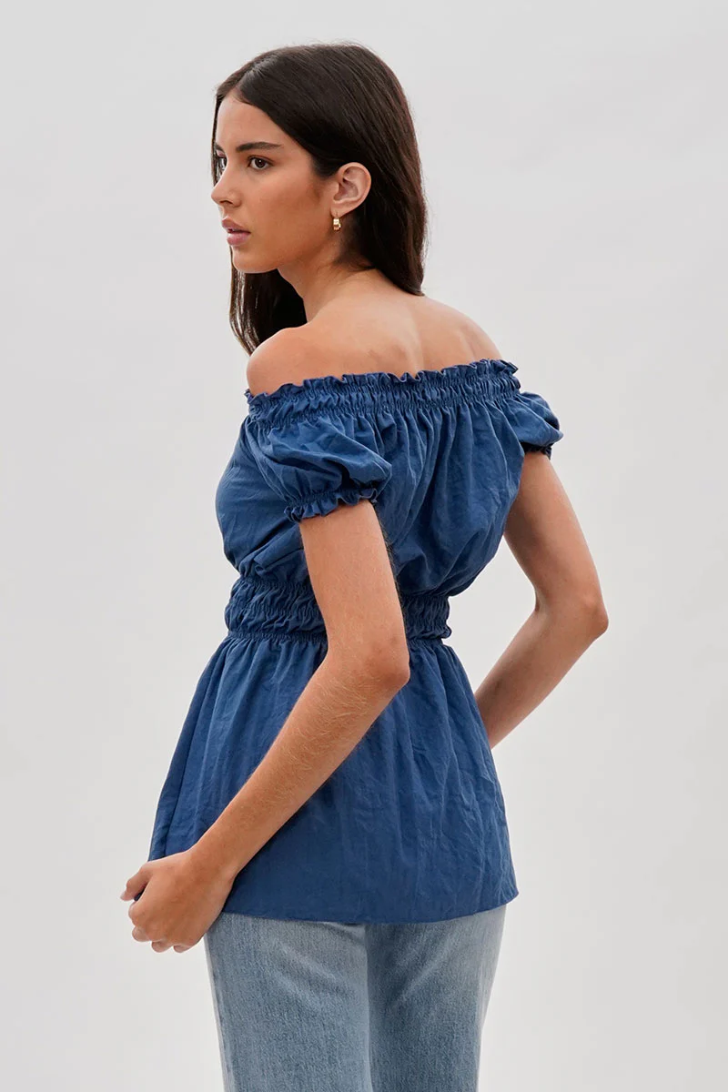 Runaway Bay Cinched Short Sleeve Blouse - Blue - Image 3