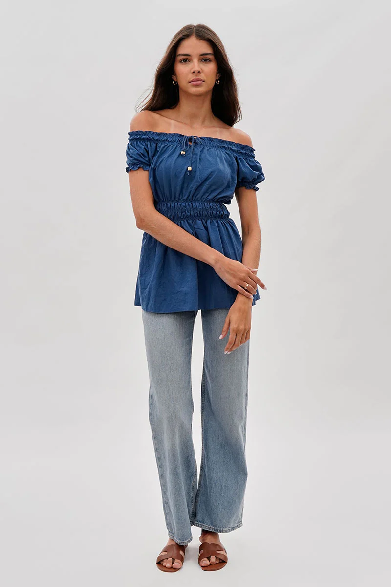 Runaway Bay Cinched Short Sleeve Blouse - Blue - Image 5