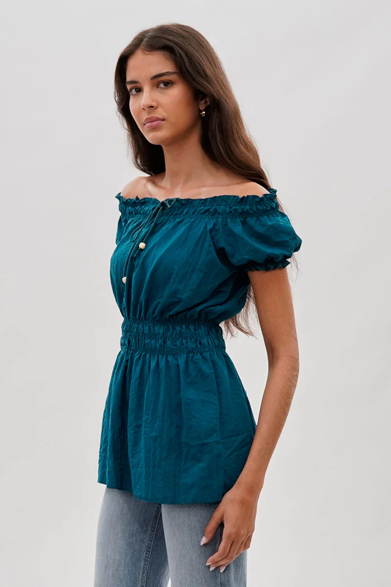 Runaway Bay Cinched Short Sleeve Blouse - Teal - Image 2