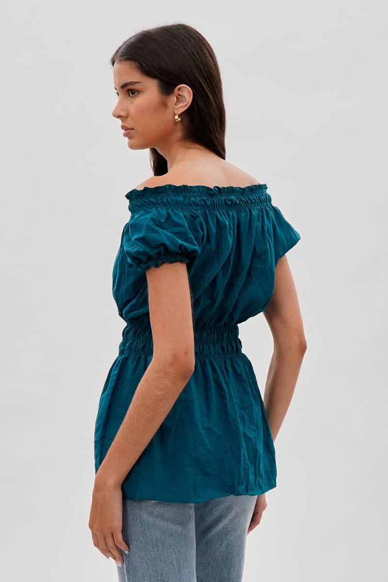 Runaway Bay Cinched Short Sleeve Blouse - Teal - Image 3