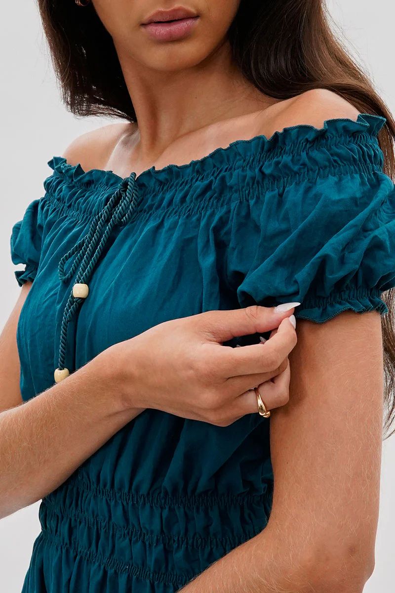 Runaway Bay Cinched Short Sleeve Blouse - Teal - Image 4