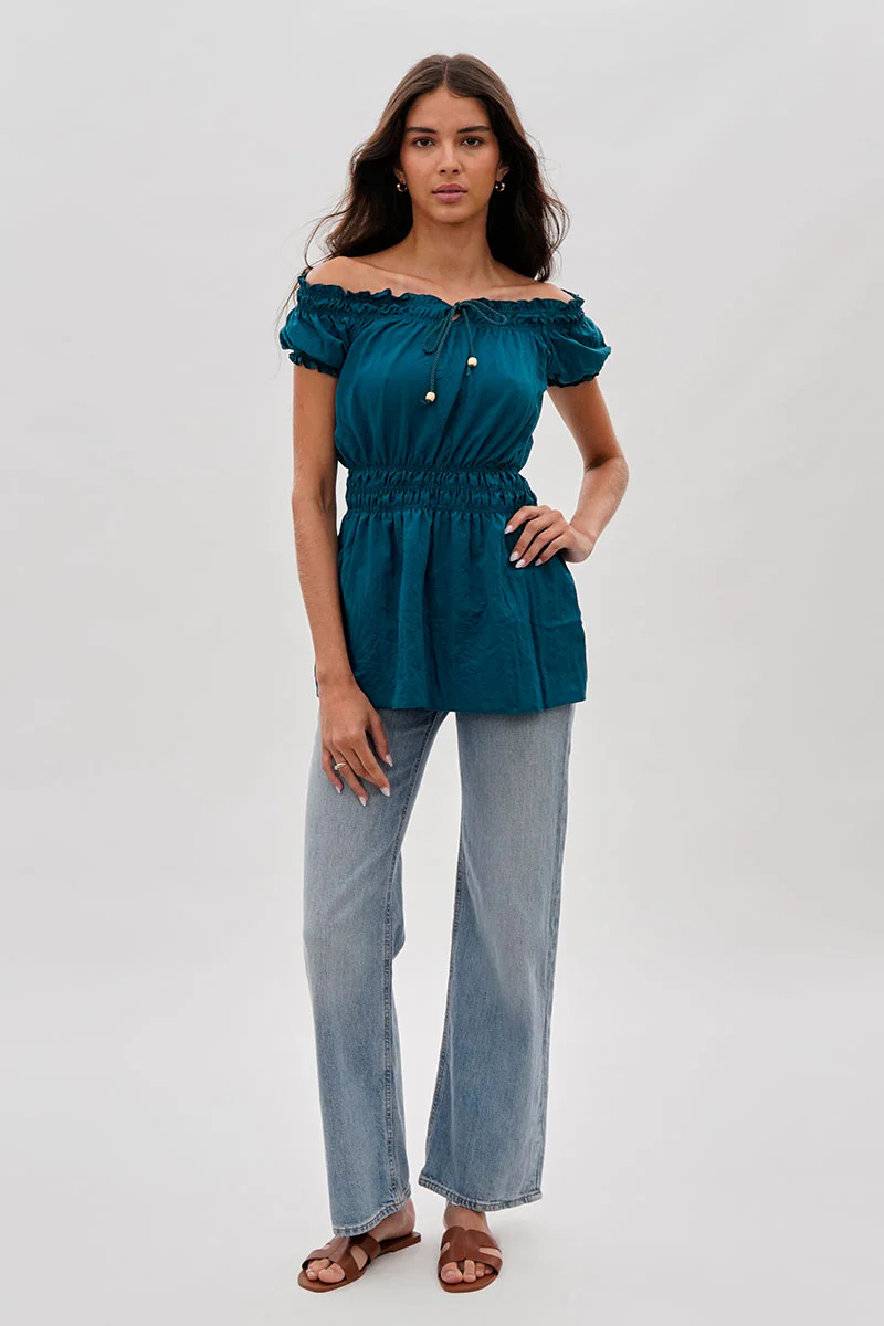 Runaway Bay Cinched Short Sleeve Blouse - Teal - Image 5