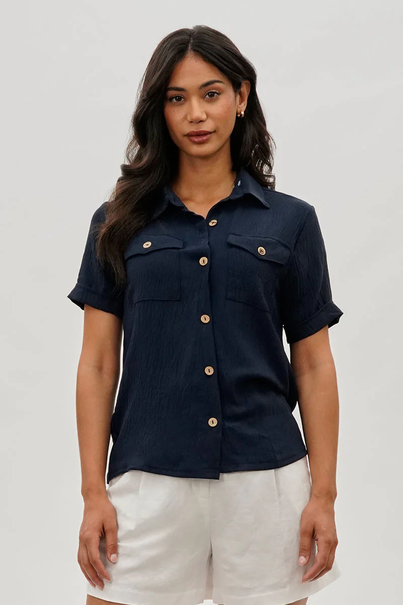 Stylexchange Vintage Button Down Short Sleeve Shirt - Navy