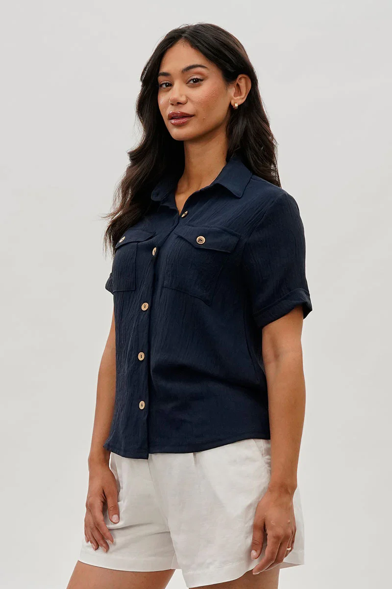 Stylexchange Vintage Button Down Short Sleeve Shirt - Navy - Image 2