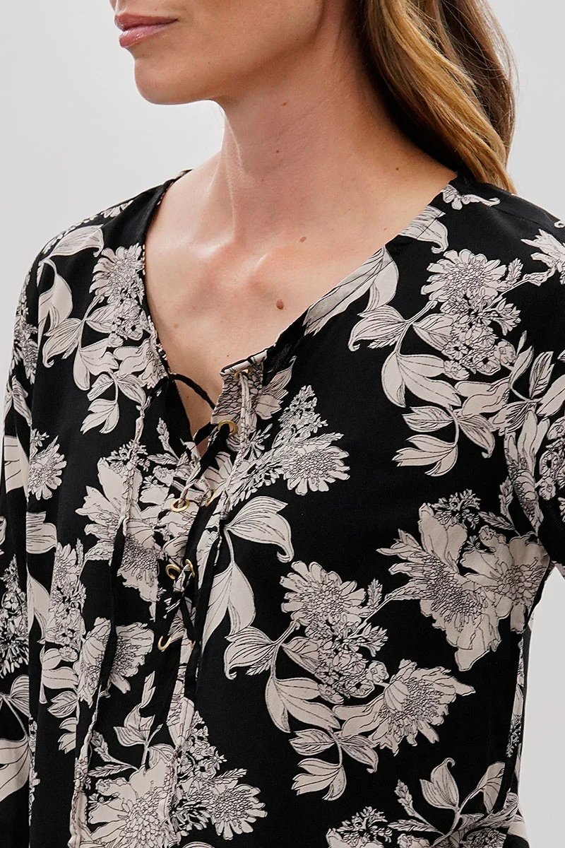 Beechers Brook Floral Lace Up Blouse - Black - Image 4