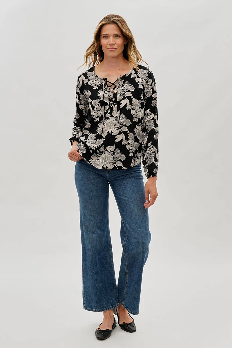 Beechers Brook Floral Lace Up Blouse - Black - Image 5