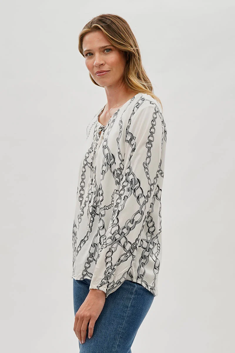 Beechers Brook Chain Print Lace Up Blouse - White - Image 2