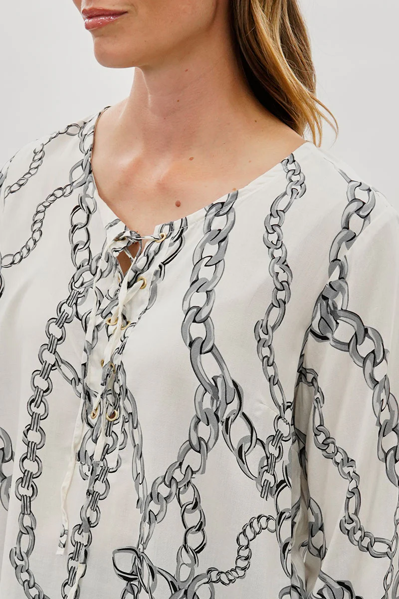 Beechers Brook Chain Print Lace Up Blouse - White - Image 4