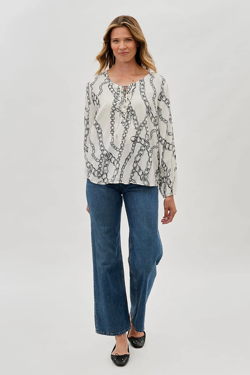Beechers Brook Chain Print Lace Up Blouse - White - Image 5