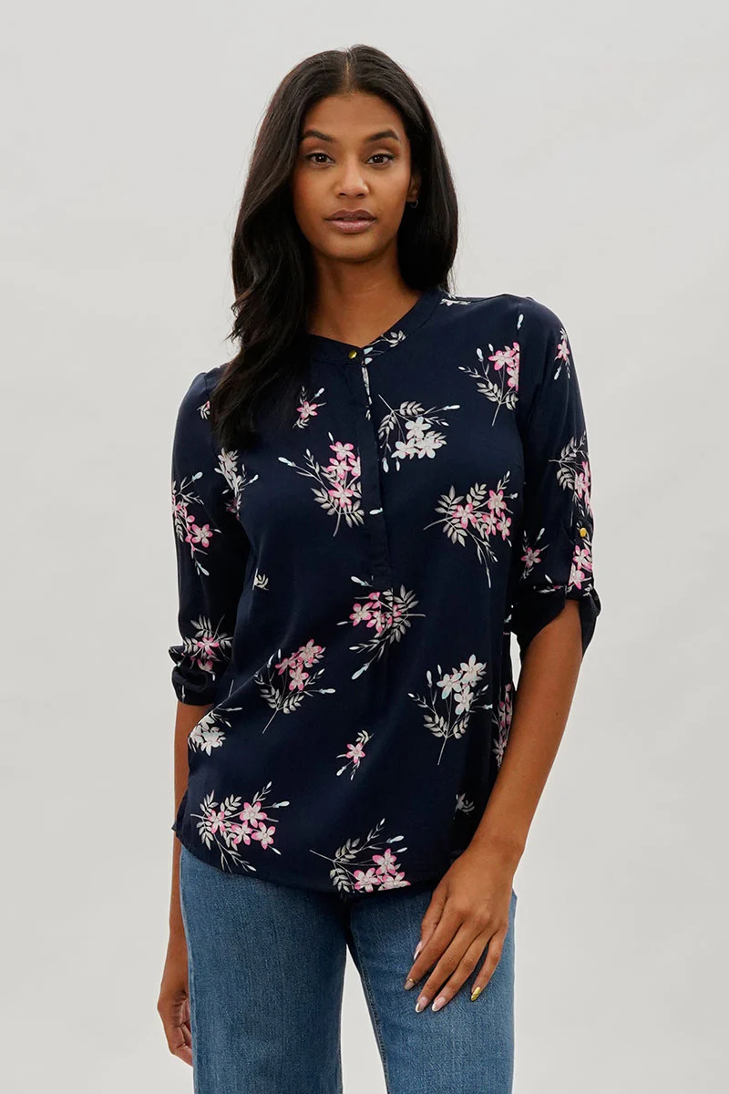 International INC Company Floral Roll Up Sleeve Blouse - Navy