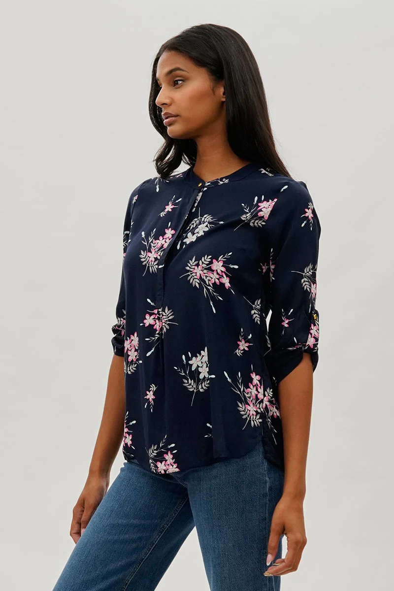 International INC Company Floral Roll Up Sleeve Blouse - Navy - Image 2