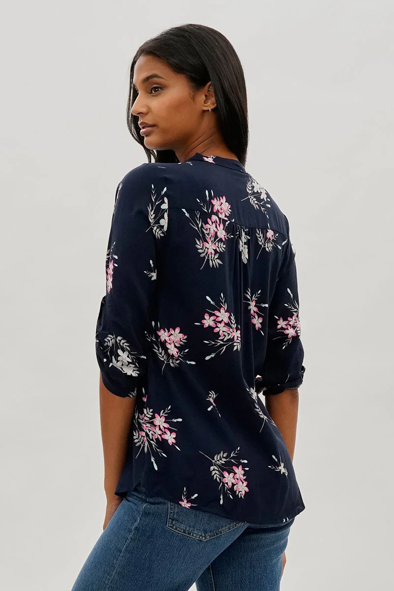 International INC Company Floral Roll Up Sleeve Blouse - Navy - Image 3