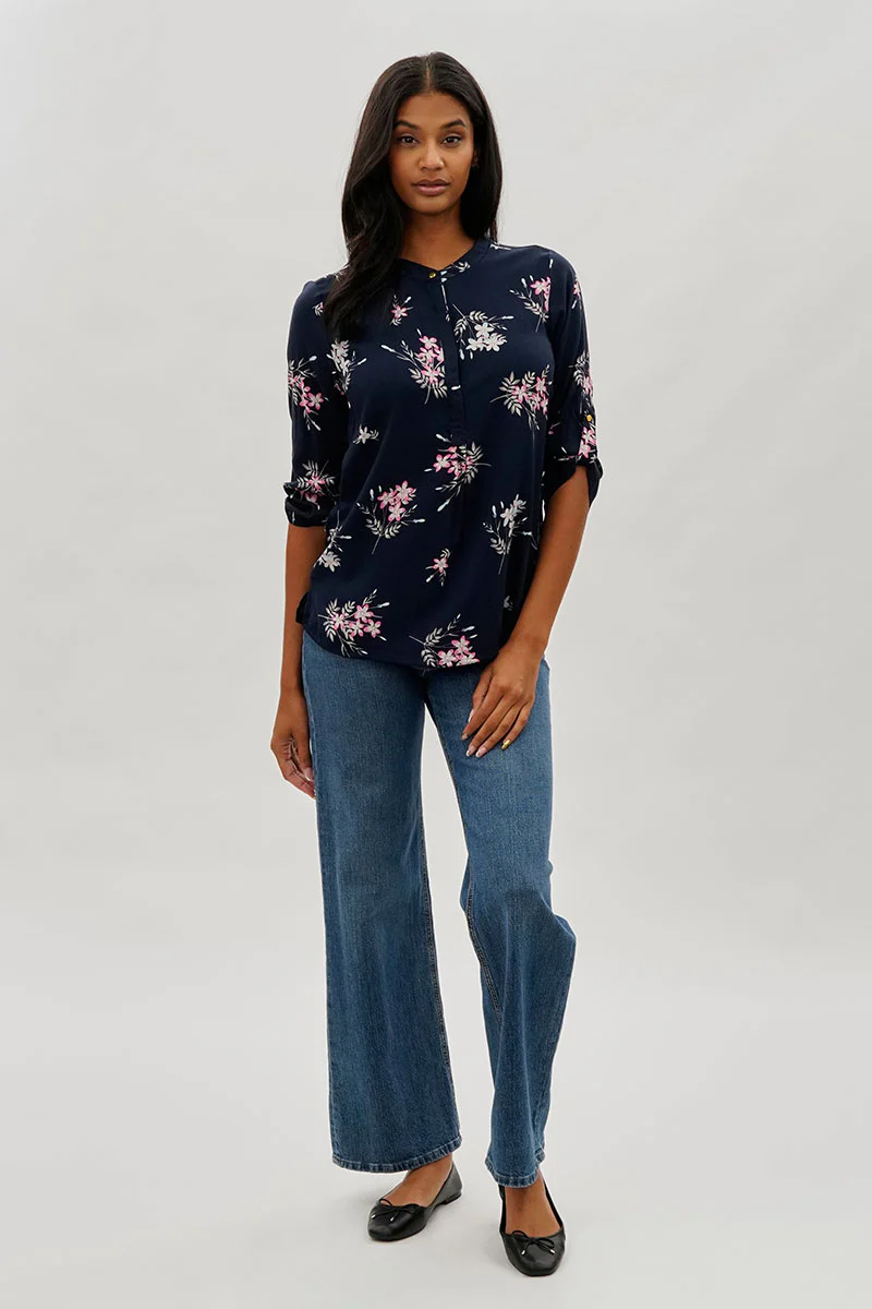 International INC Company Floral Roll Up Sleeve Blouse - Navy - Image 5