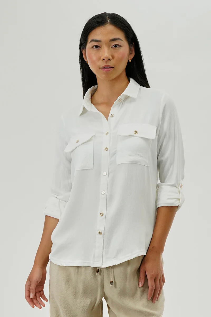 International INC Company Button Down Utility Pocket Blouse - White