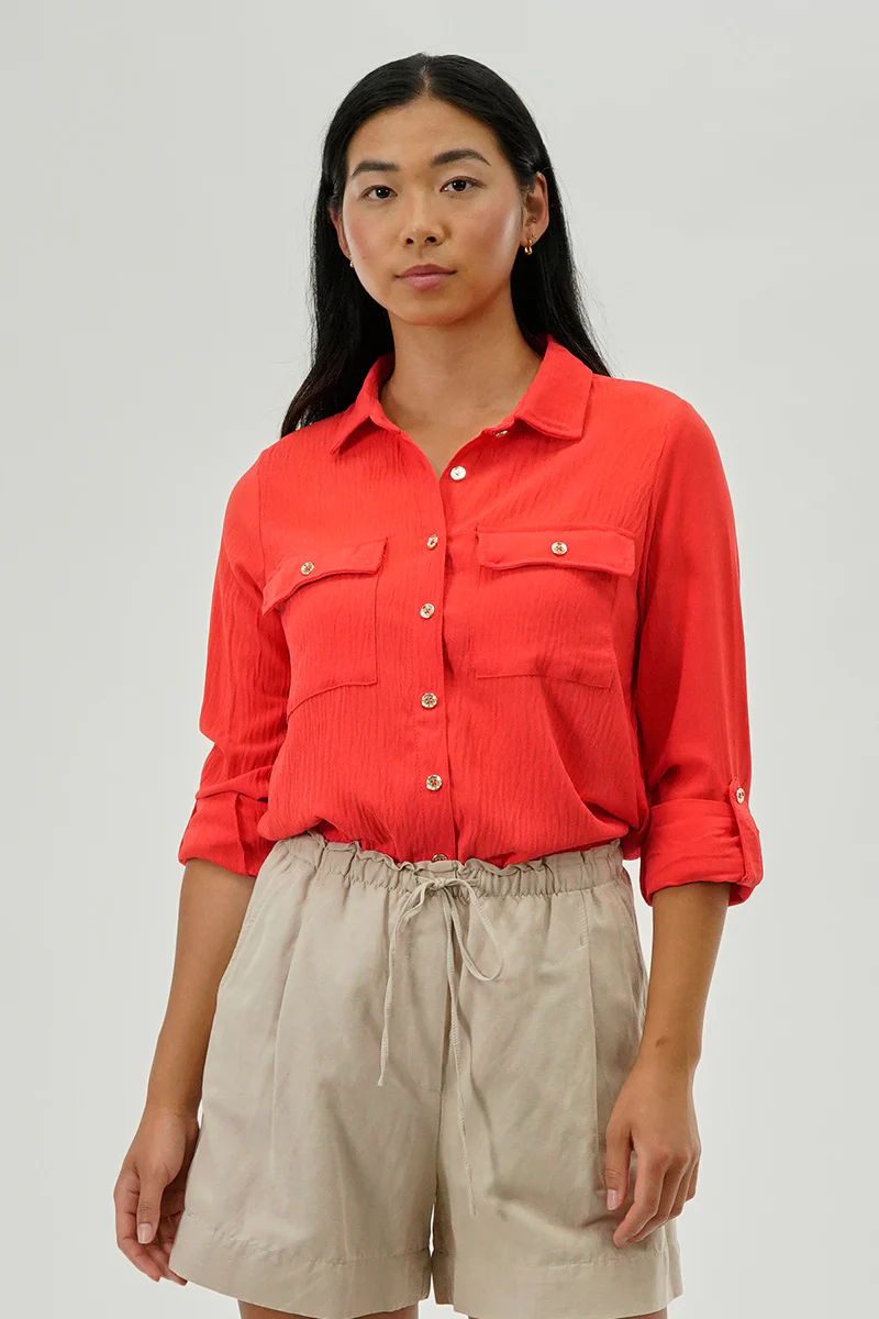 International INC Company Button Down Utility Pocket Blouse - Coral