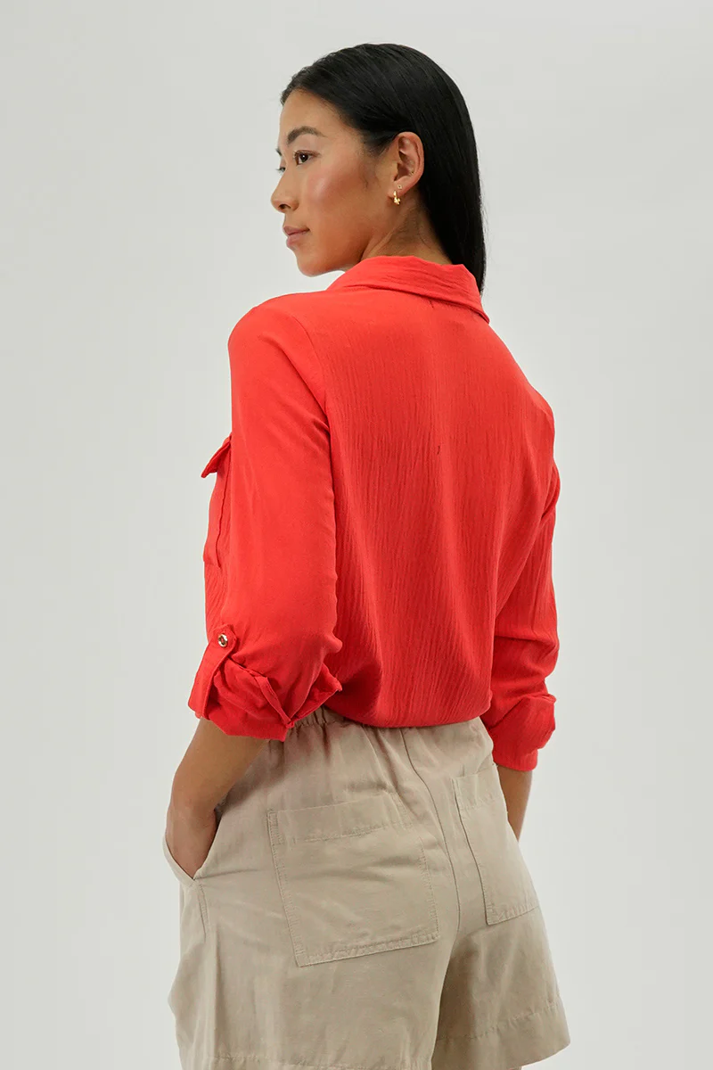 International INC Company Button Down Utility Pocket Blouse - Coral - Image 3