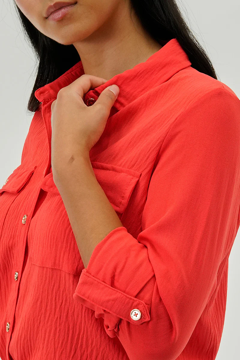 International INC Company Button Down Utility Pocket Blouse - Coral - Image 4
