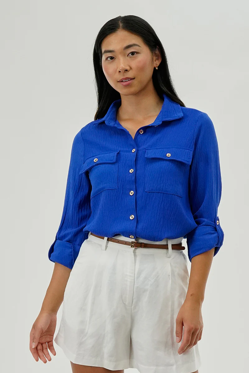 International INC Company Button Down Utility Pocket Blouse - Blue
