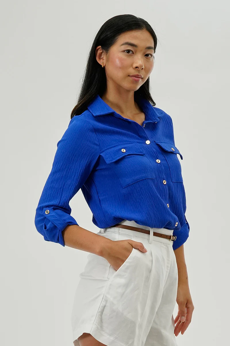 International INC Company Button Down Utility Pocket Blouse - Blue - Image 2