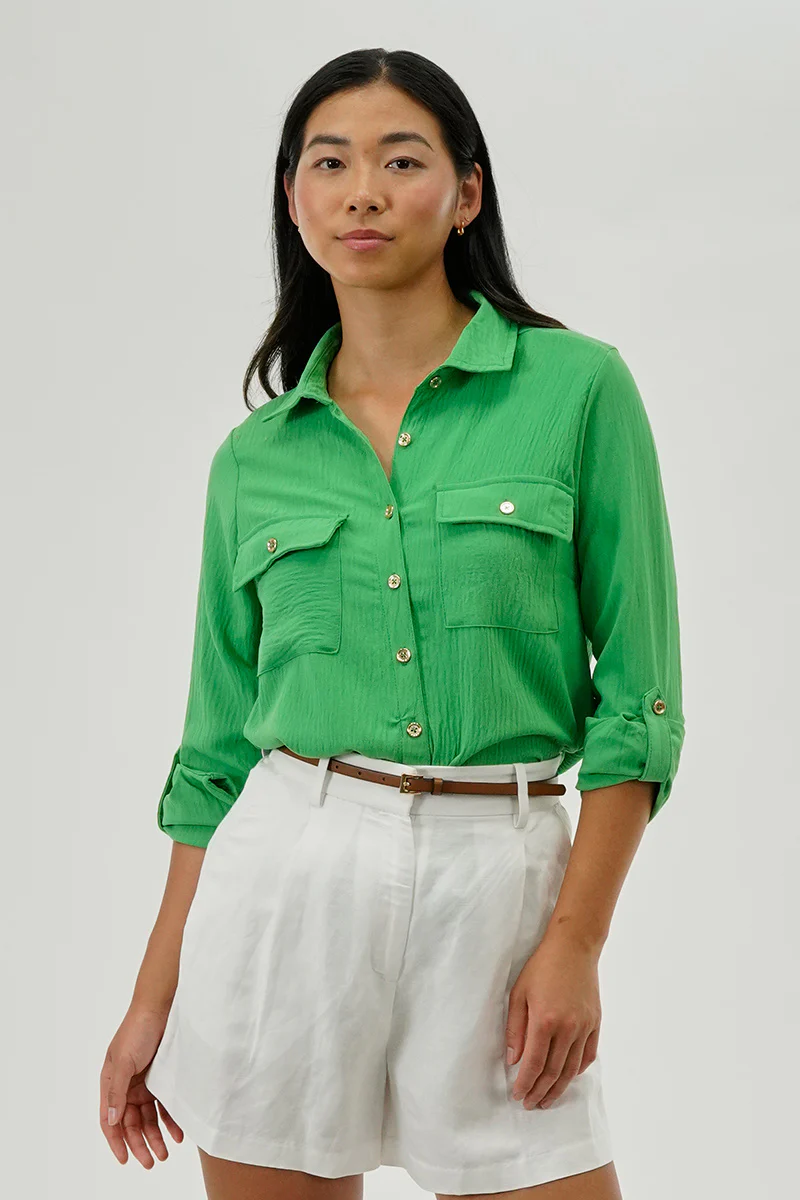 International INC Company Button Down Utility Pocket Blouse - Green