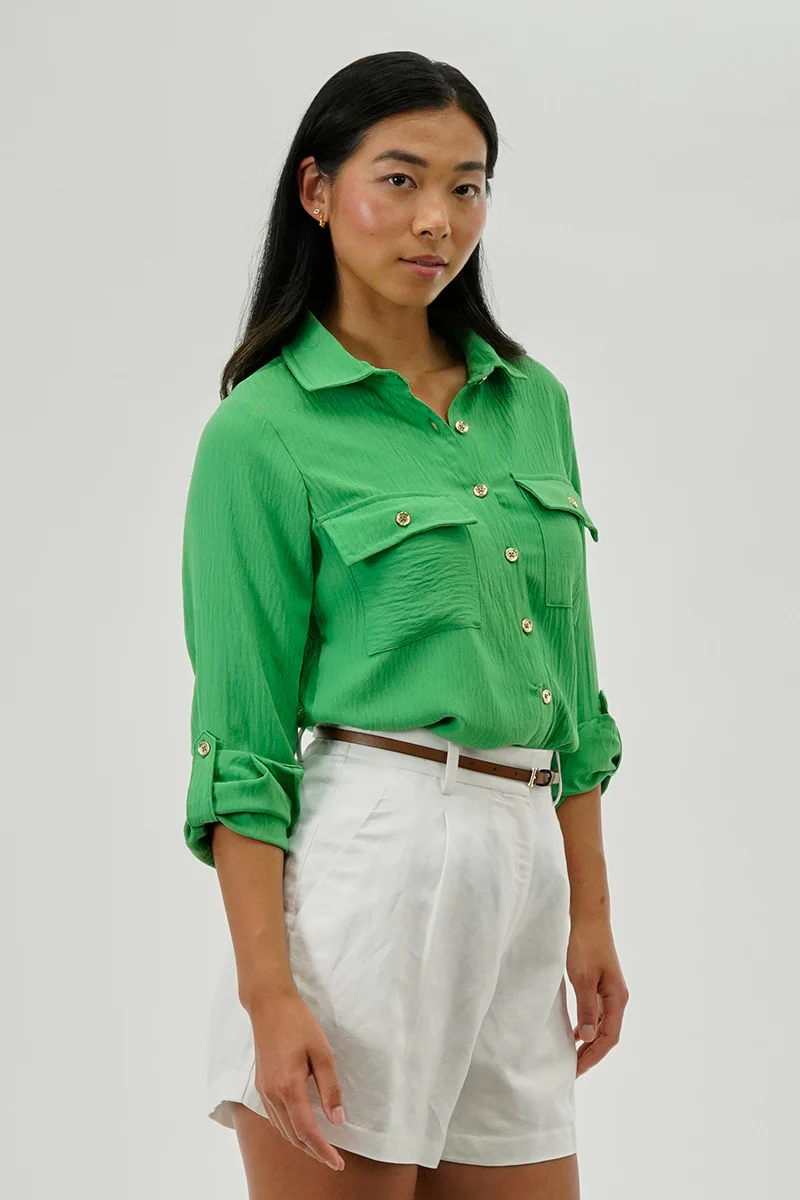 International INC Company Button Down Utility Pocket Blouse - Green - Image 2
