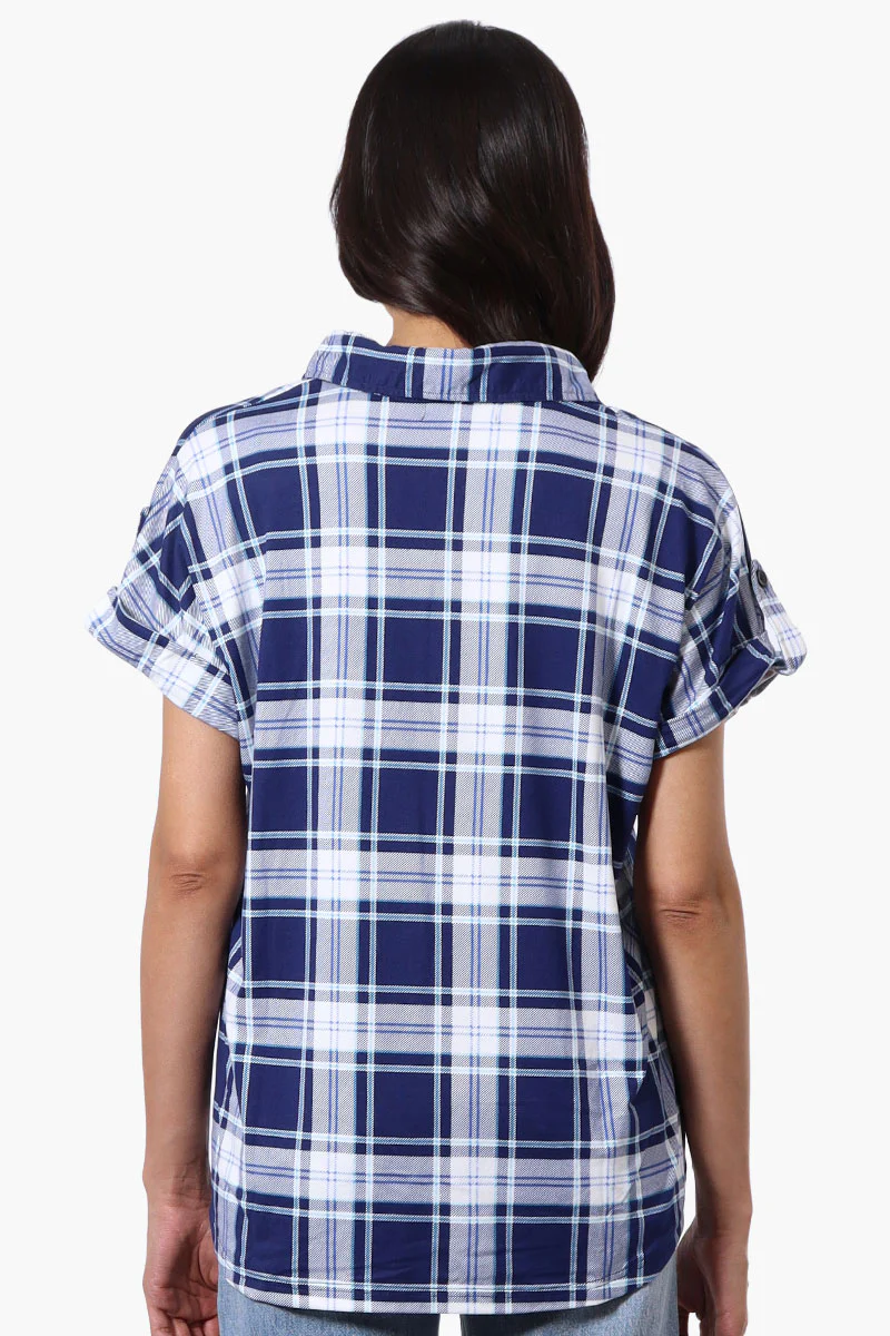 Urbanology Plaid Button Down Short Sleeve Shirt - Navy - Image 3