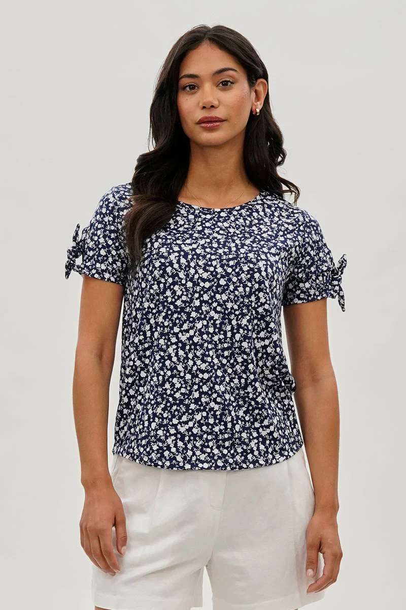 International INC Company Floral Tie Sleeve Tee - Navy
