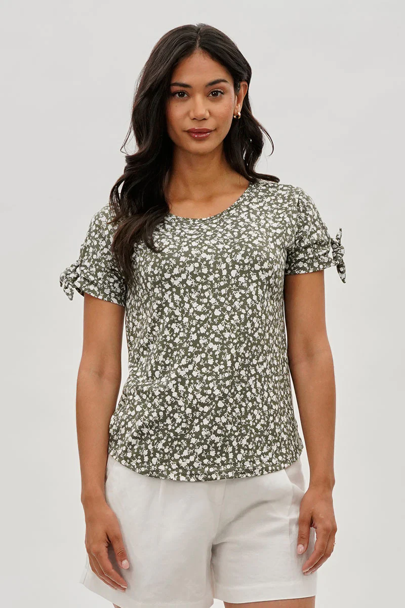 International INC Company Floral Tie Sleeve Tee - Olive