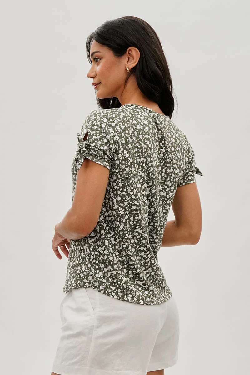 International INC Company Floral Tie Sleeve Tee - Olive - Image 3