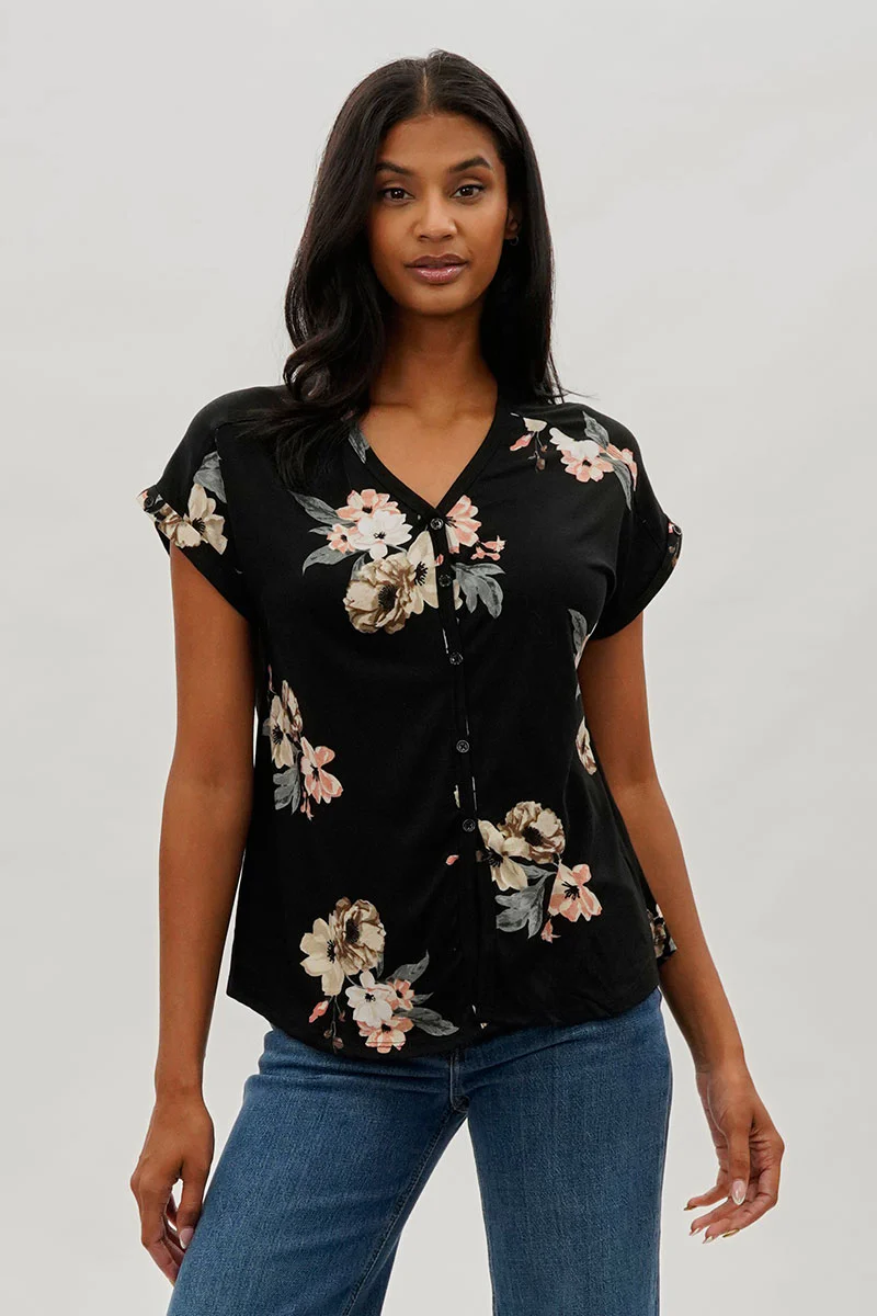International INC Company Floral Button Up Tee - Black