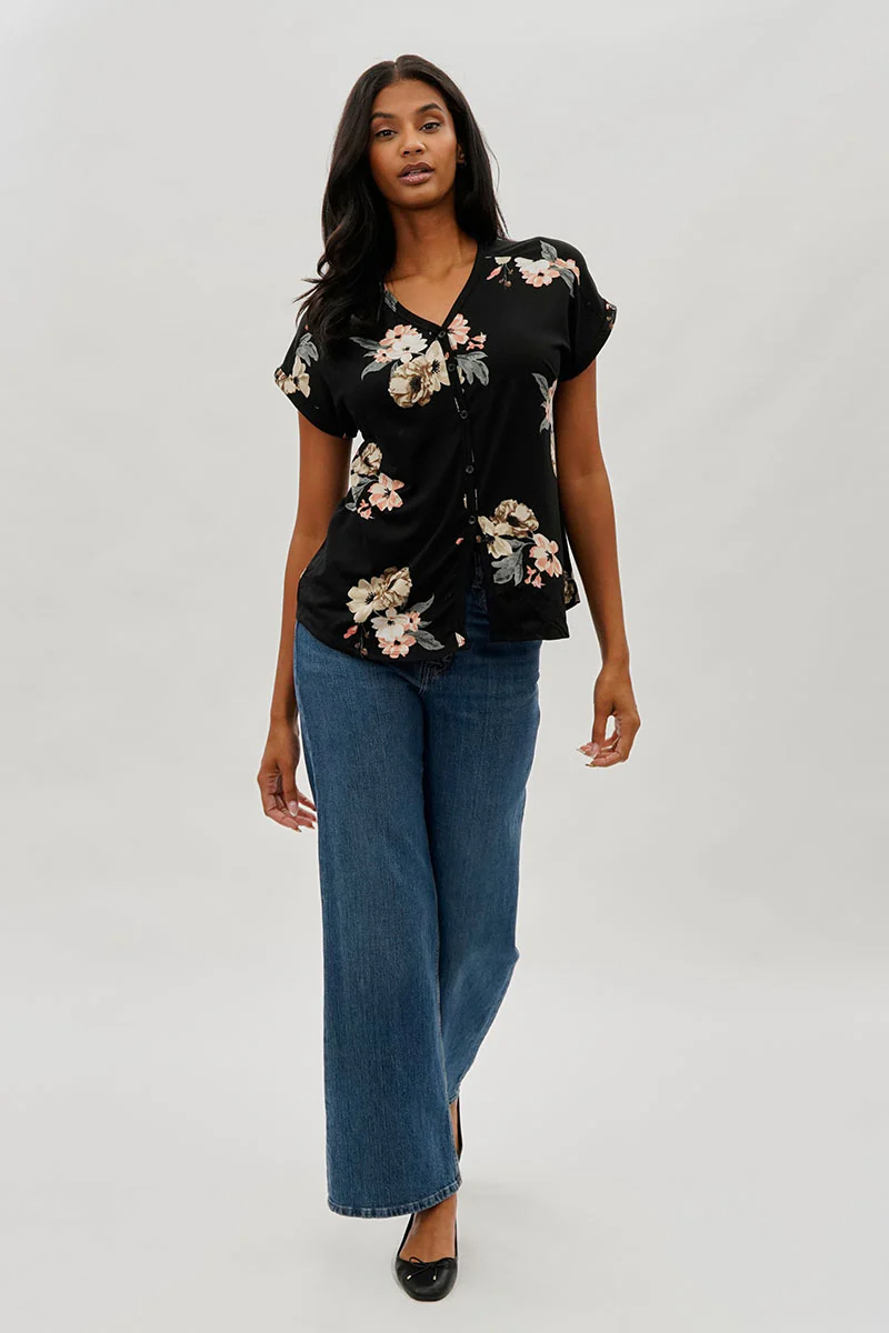 International INC Company Floral Button Up Tee - Black - Image 5